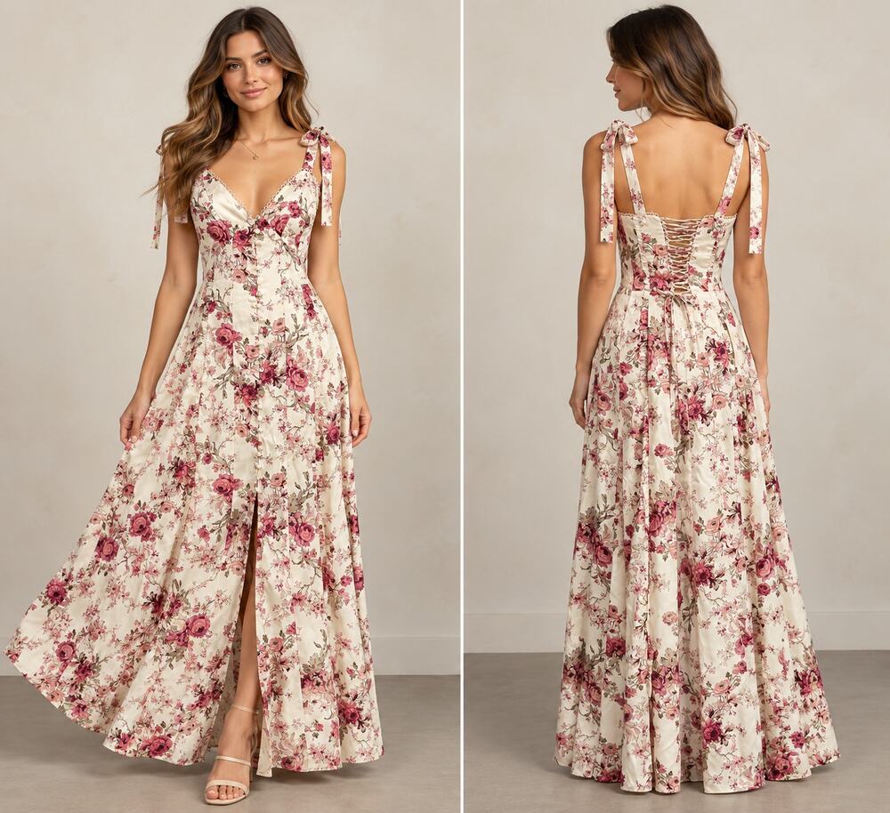 Altar'd State Jacindy Floral Satin Maxi Dress Corset Back M Baby Doll Boho